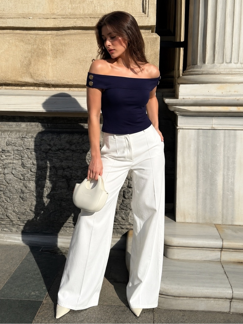 Karen Millen Navy Bardot Off Shoulder Button Top US 8